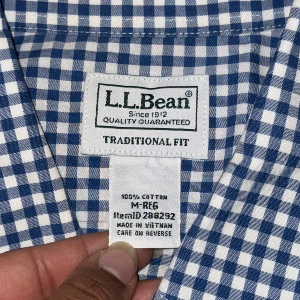 L.L. Bean Shirt Men's Medium Blue White Gingham Cotton Long Sleeve Button-Down - Picture 4 of 7